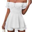 LYANER Women's Off Shoulder Wrap Tie Up Back Ruffle Short Sleeve Romper Short Jumpsuit (Medium, White)