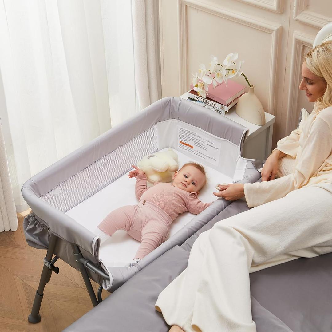 Baby Bassinet Bedside Sleeper Crib with Mattress 5-Level Adjustable Height, Breathable Mesh & Mosquito Net, Portable Folding Travel Cradle with Auto-Lock Wheels Light Grey