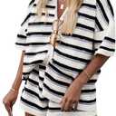 Tankaneo Womens Short Sleeve Striped Pajama Sets Color Block Crochet Knit Button Top and Shorts 2 Piece Lounge Sets (Large, Violet)