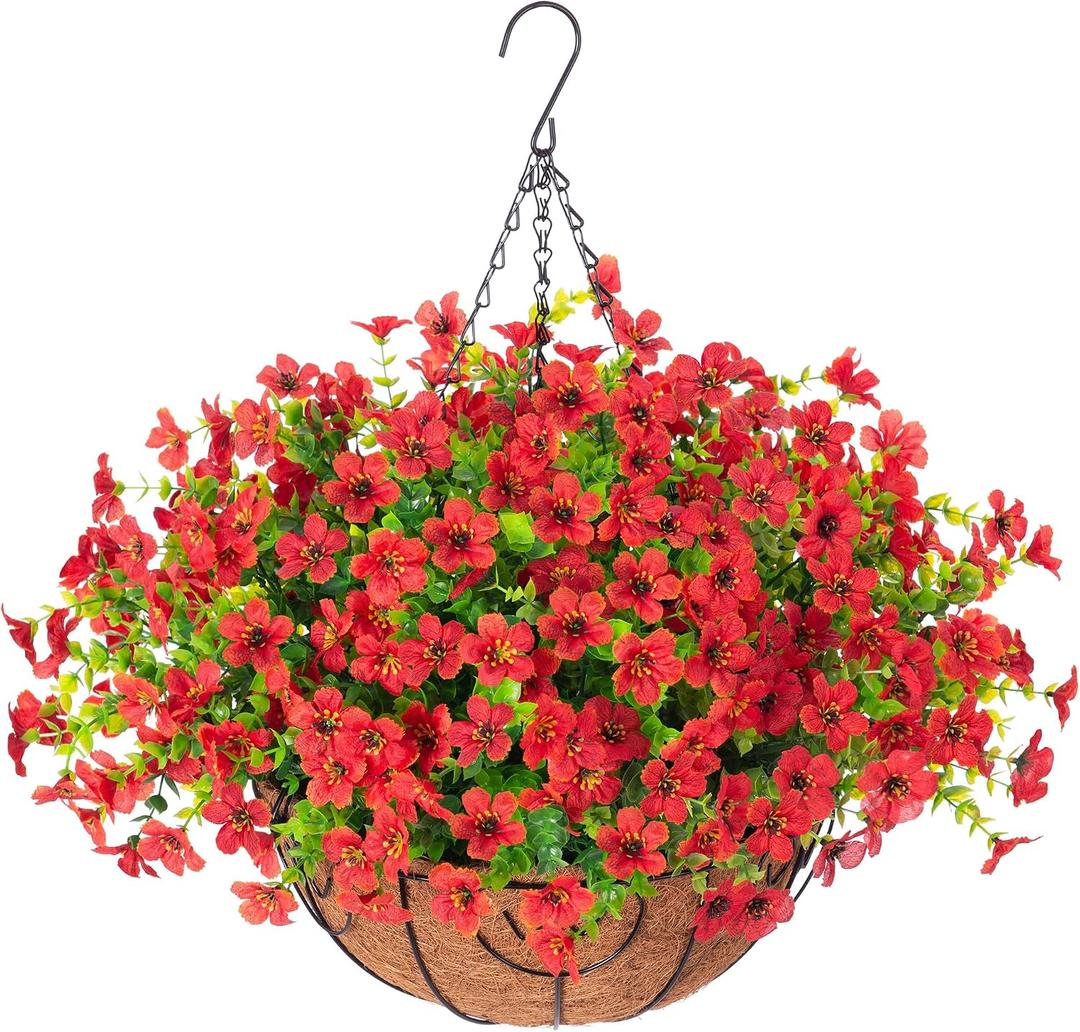 HyeFlora Artificial Fake Hanging Red Plants Flowers Basket for Outdoor, Faux Silk Daisy Mums Look Real UV Resistant for Outside Porch Home Patio Garden Yard Decoration