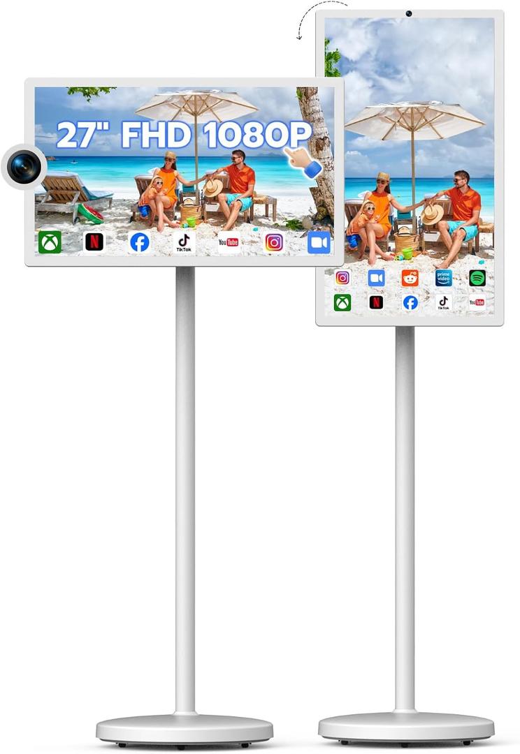 Dhiedas 27-Inch Portable Rolling TV, 1080P Smart Portable Wireless Touch Screen TV on Wheels with 8G RAM+128G Storage, 13MP HD Camera, Dua Speakers, Larger Battery Up to 10hr, 60Hz Refresh Rate