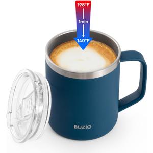 BUZIO Quick Cooling Insulated Coffee Mug with Lid, BPA-Free Coffee Cup with Handle 10oz, Leak Proof Reusable Vacuum Travel Coffee Tumbler Insulated, Best Gifts for Friends, Blue