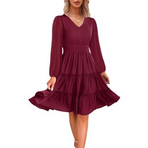 Zattcas Women 2026 Long Sleeve Fall Dress V Neck Smocked Waist Casual Flowy A Line Tiered Work Knee Length Dresses, Large, Long Sleeve- Wine Red 