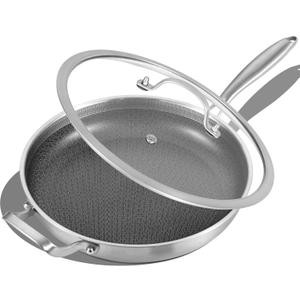 Inqibee 12 Inch Hybrid Nonstick Frying Pan with Lid, Tri-Ply Stainless Steel Skillet with Helper Handle, Induction Compatible, PFOA Free, Dishwasher & Oven Safe