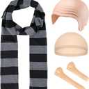 5 Pcs Halloween Costume Accessories for Adult Men, Black and Gray Striped Scarf Fake Nose Latex Bald Head Wig Cap Cosplay Classic Characters Halloween Party Set