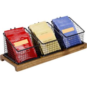 HTB Tea Organizer for Tea Bags, Tea Bag Holder with Acacia Wood Stand and 3 Removable Metal Basket for Sugar Packets, Sweeteners, Creamers for Cabinet, Countertop
