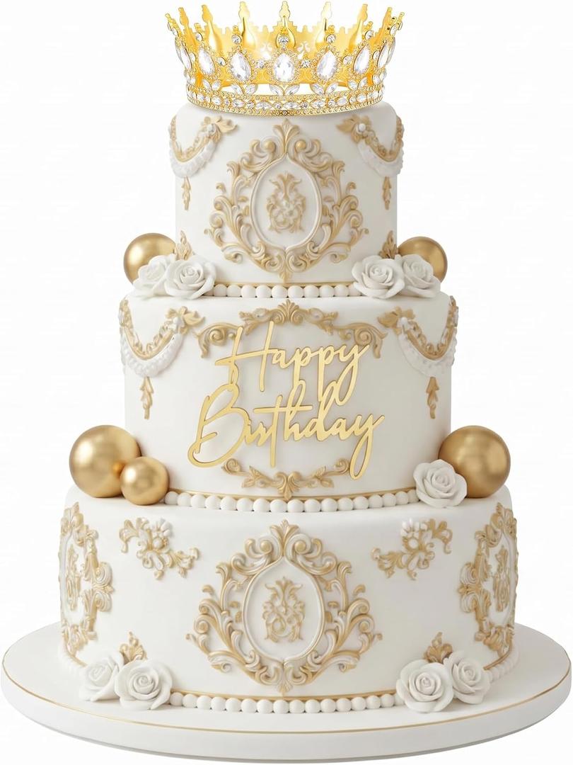 8 Pcs Gold Queen Crown Cake Topper for Women, Happy Birthday Cake Toppers Foam Balls Rhinestone Crystal Tiara Wedding Decoration for Princess Party Photo Props