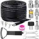 Sewer Jetter Kit for Pressure Washer, 100FT Drain Cleaner Hose 5800PSI with 1/4 Inch NPT Corner, Rotating Nozzle and 4 Different Button Nose Sewer Jet Nozzles, Waterproof Tape and 2 Spanners (Black)