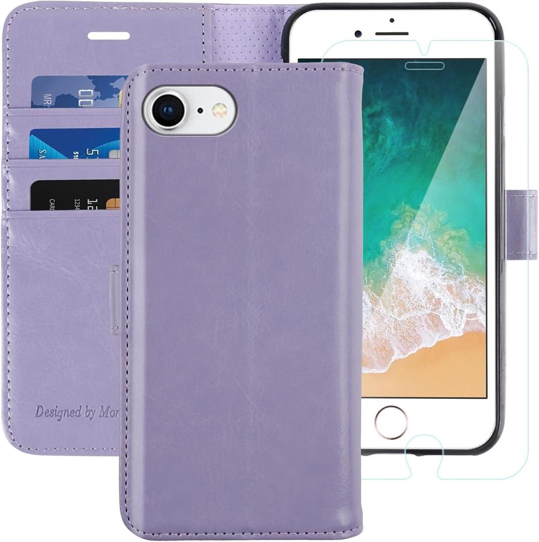 MONASAY Case Compatible for iPhone SE 2022/2020 5G,iPhone 7/8 Wallet Case,4.7-inch, [Glass Screen Protector] Flip Folio Leather Cell Phone Cover with Credit Card Holder, Lavenders