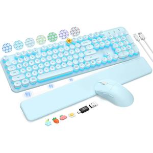 Wireless Keyboard and Mouse Backlit - Typewriter Keyboard with Detachable Wrist Rest, Light Up Letters, 2.4G Rechargeable Combo for Mac, Windows, PC, Laptop, Trueque (Blue)