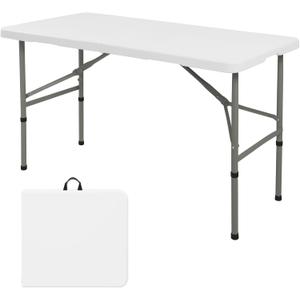 Folding Table 4FT Camping Table Portable Heavy Duty Plastic Rectangular Outdoor Dining Table Steel Legs Fold-in-Half with Carrying Handle for Indoor,Picnic,Party,Wedding,Events(White)