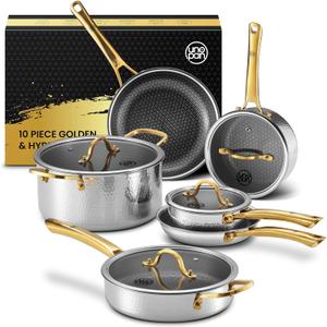 Gold Titanium Cookware set,Hammered Titanium pans for cooking with Lids, 10PC