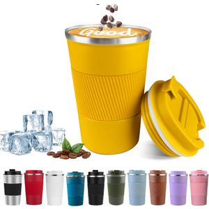 YINBAOGE Insulated Travel Coffee Mug, Spill & Leak Proof, Portable To Go Camping Stainless Steel Coffee Tumbler, Reusable Thermal Coffee Cup with Lid for Hot & Cold Drinks (Yellow, 12 OZ)