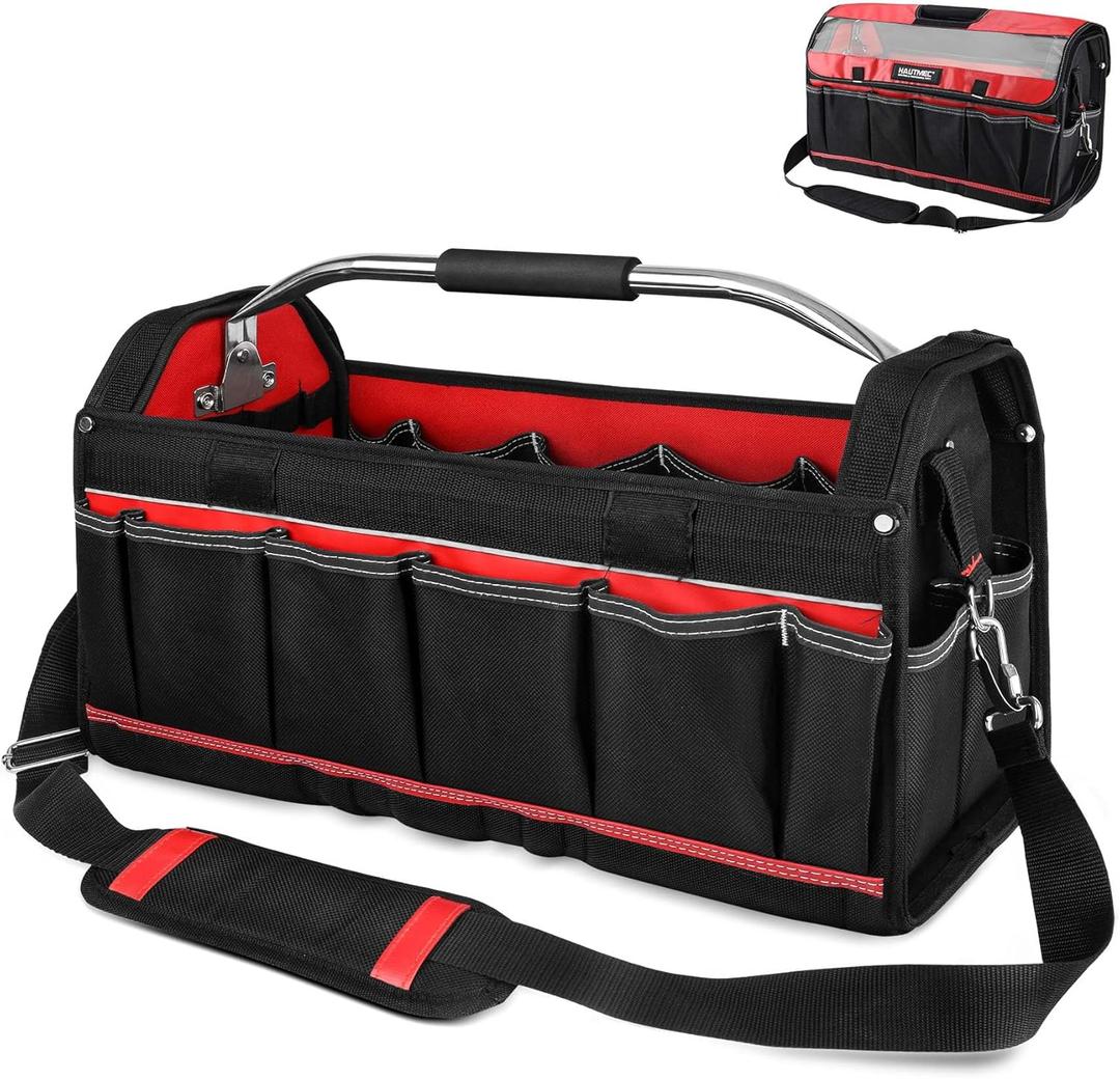 HAUTMEC 20" Heavy-Duty Tool Tote with Waterproof Clear Cover, Large Open Top Tool Bag with Rotating Handle, Rigid Frame, EVA Hard Base & Padded Shoulder Strap for Jobsite HT0296