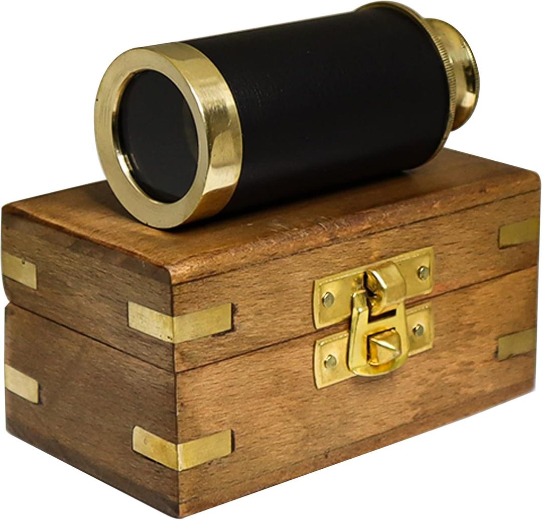 Handheld Brass Antique Telescope Spyglass with Wooden Box - Pirate Navigation 6 inch