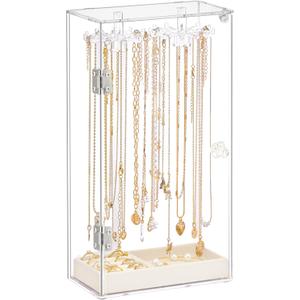 Necklace Holder, Acrylic Necklace Organizer, Rotatable Clear Jewelry Holder Organizer Display Case for Long Necklaces Pendant Bracelets, Jewelry Holder Box with Velvet Tray for Rings Earrings
