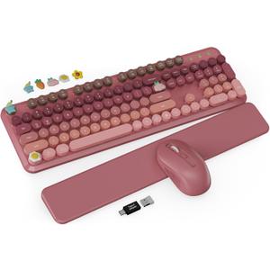 Wireless Keyboard and Mouse Combo, Typewriter Keyboard with Detachable Wrist Rest, Full-Size Retro Round Keycaps, Smart-Sleep, 2.4GHz Stable Connection for Mac/Windows/PC, Trueque(Ombre Dusty Rose)