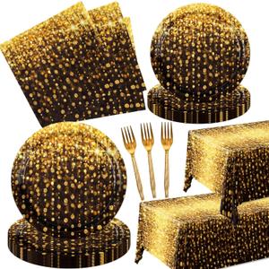 82pcs Black and Gold Glitter Tableware Set,Spots Bokeh Black Gold Birthday Plates and Napkins Tablecloth Forks for 20 Guest Men Women Anniversary Birthday Wedding Party Supplies