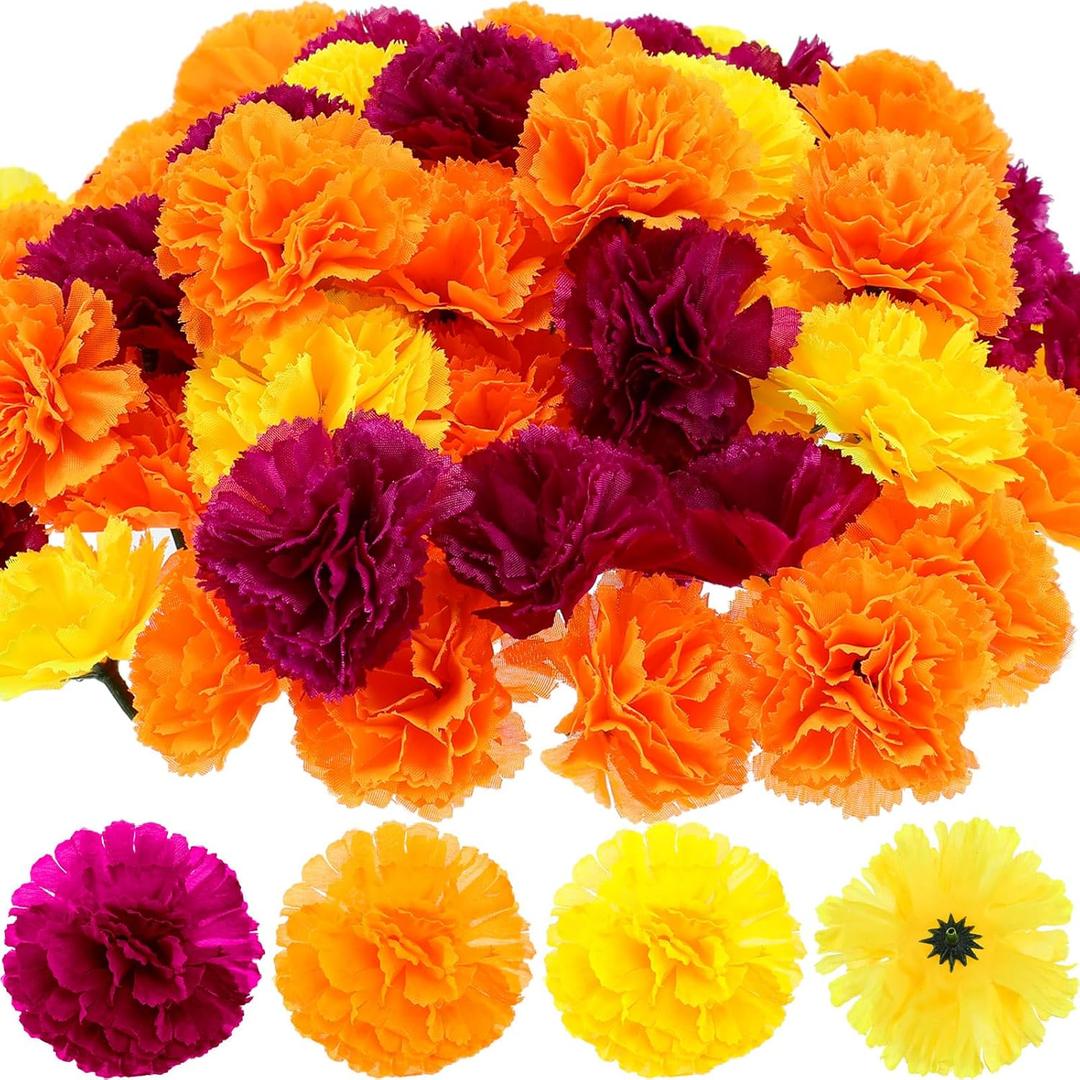 WILLBOND 140 Pcs Marigold Flower Head Mexican Artificial Marigold Flowers Halloween Flower Day of The Dead Decoration for Diwali Indian Decor DIY Wreath Garland Craft(2 Inch,Fuchsia, Orange, Yellow)