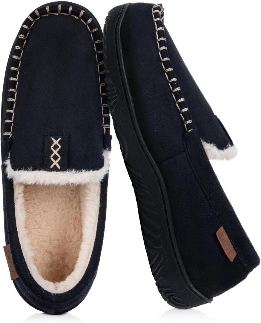 House Slippers for Men Moccasins - Memory Foam&Warm Plush Indoor Outdoor Slip-on Loafers (8, Black)