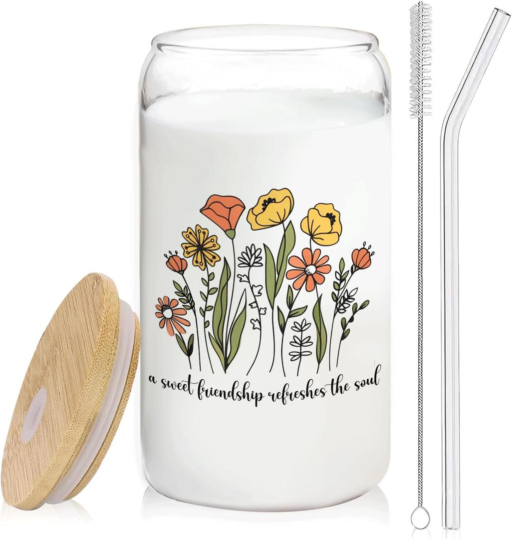 a Sweet Friendship Refreshes the Soul Glass Cup with Lids and Straws 14oz, Best Friend Bestie Gifts for Women, Friendship Glass Iced Coffee Tumbler Drinking Jars with Cleaning Brush