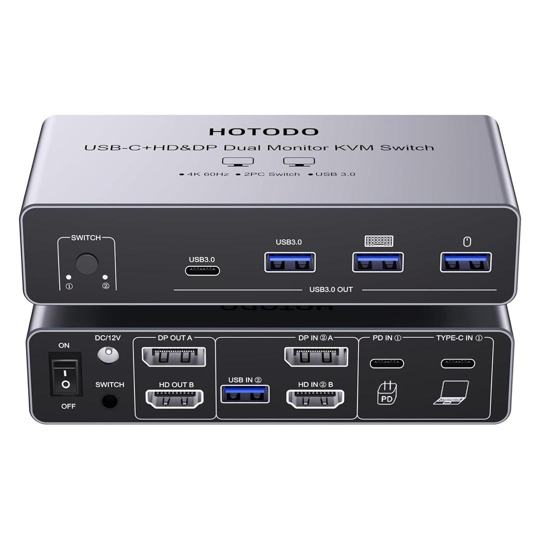 USB C KVM Switch 2 Monitors for 1 Laptop 1 Desktop, 4K@60Hz Dual Monitors HDMI DP KVM Switch for 4 USB 3.0 Ports,Docking Station KVM Switches, PD Charging,with Wired Remote Control and USB Cable