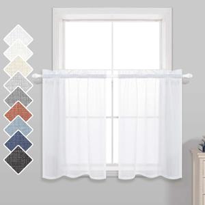 KOUFALL Short Sheer Curtains 36 Inch Length for Kitchen Rod Pocket 2 Panels Linen Look Textured Cafe Curtain Semi Sheer Tier Curtains for Small Window Bathroom Farmhouse 30x36 inches Long White