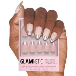 Glamnetic Press On Nails - Mirror Mirror | Trendy Short Almond Fake Nails with Metallic Chrome Silver French Tips | 15 Sizes - 30 Nail Kit with Glue