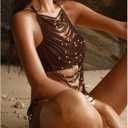 WDIRARA Women's 2 Piece Halter Tankini Set Cut Out Beaded Layered Fringe Tie Side Bathing Suit (Brown, XS)