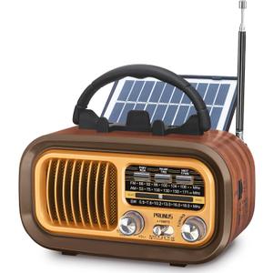 PRUNUS J-150 Portable Radio AM FM SW Bluetooth, Gifts for Dad and Mom, Retro Radios Vintage Transistor with Best Sound, Solar/D Battery Operated/USB Charging, TWS, Support TF Card/USB Playing