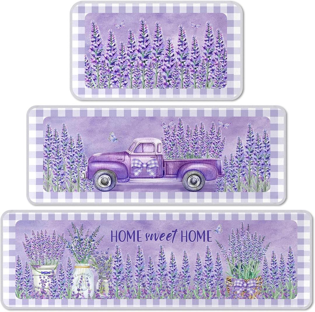 Purple Kitchen Rugs Set of 3 Lavender Kitchen Rug Purple Floor Mats Lavender Decor Area Rug for Farmhouse Home Accessories Stuff,20 x 32, 20 x 47 and 20 * 59 Inch