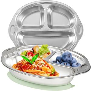 Stainless Steel Baby Suction Plates: Divided Plates for Babies and Toddlers, Made of 100% Food-Grade Materials Ideal for Baby-Led Weaning BPA-Free Toddler Feeding Dishwasher Safe Green