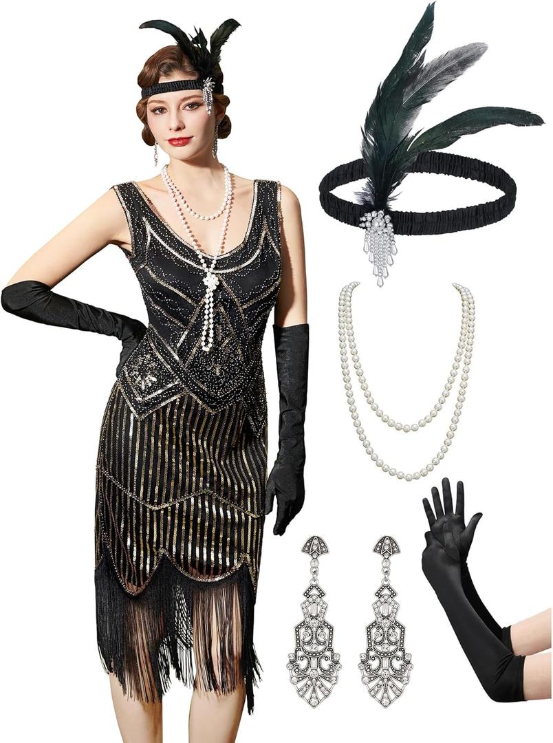 YESSA Flapper Dresses 1920s Gatsby Dress for Women Roaring 20s Costumes Fringed Sequin Cocktail Dress with 20s Accessories (Large, Black-gold)