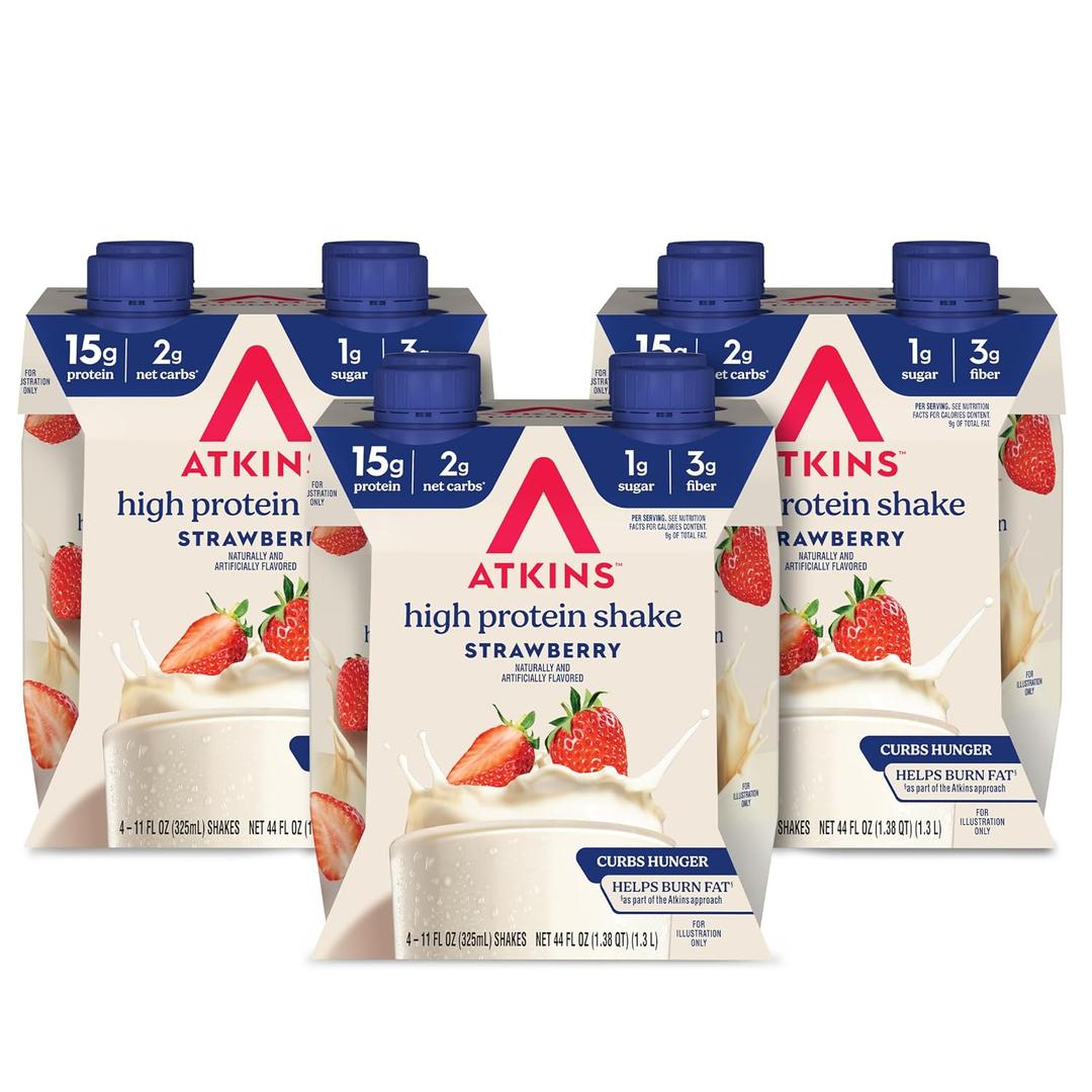 Atkins Strawberry Flavored Protein Shake, High Protein, Low Glycemic, Low Sugar and Low Carb, Keto Friendly, Gluten Free, 12 Count, BB: 01/03/26  