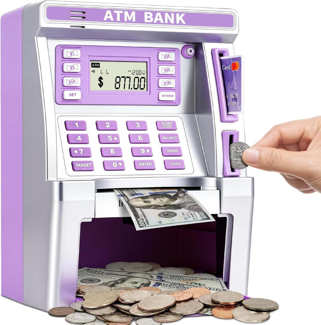 Purple Piggy Bank for Kids, ATM Machine Bank for Real Money with Debit Card, Bill Feeder, Coin Recognition, Balance Calculator, Electronic Savings Safe Box, Gifts for Teen Boy Girl