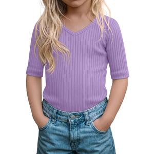 Toddler Girls Short Sleeve Shirt Cotton Ribbed Slim Fit V Neck Elbow Length Casual Soft Basic Top Kids Summer Tee