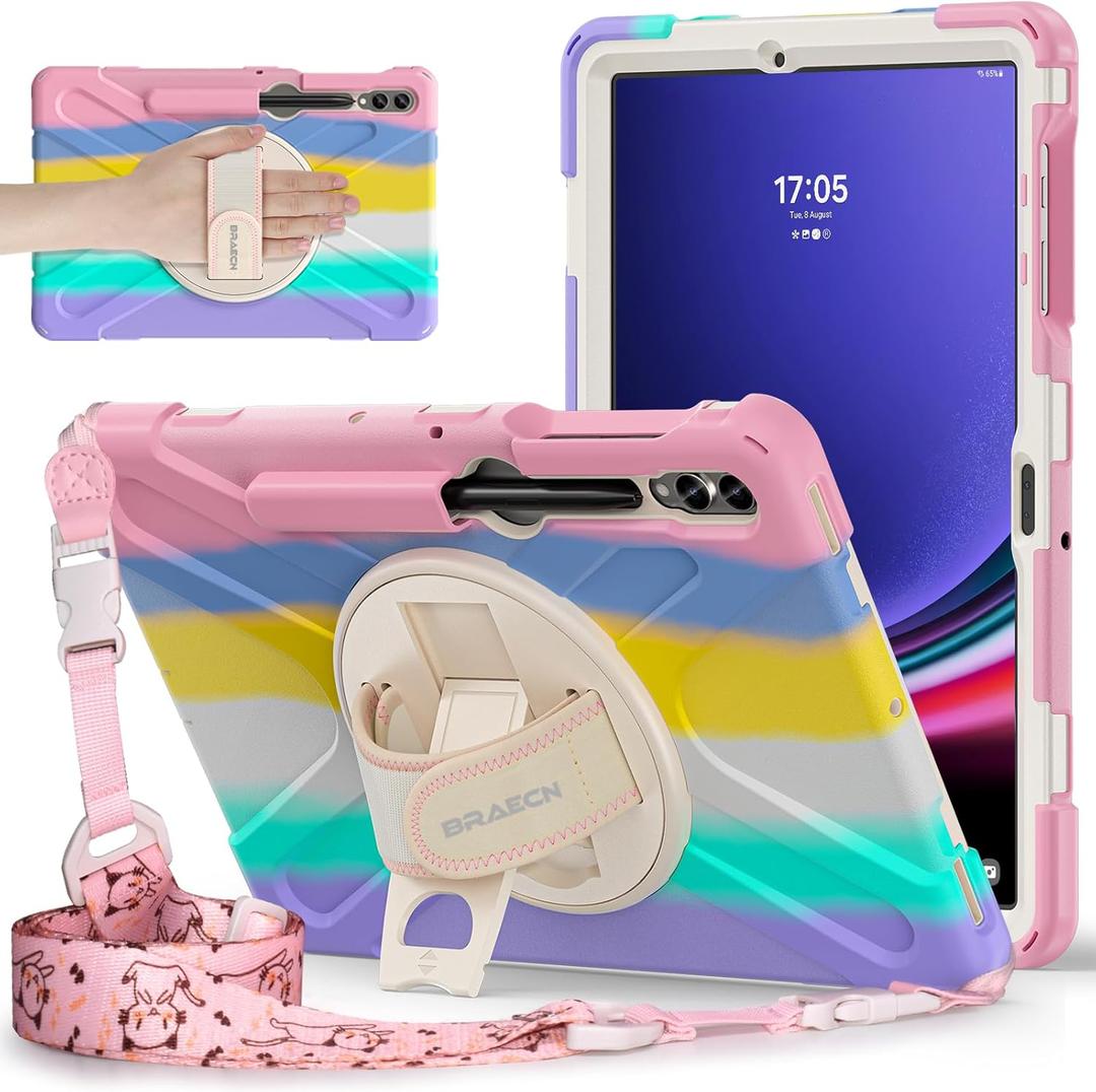 BRAECNstock Kids Case for Samsung Galaxy Tab S10+ Plus/ S9 FE+ Plus/ S9+ Plus/ S8+ Plus/ S7 FE/ S7+ Plus 5G 12.4" Shockproof Protective Cover with Pen Holder Rotating Stand&Hand Strap - Colorful Pink (12.4 inch Galaxy Tab S10+/S9 FE+/S9+/S8+/S7 FE/S7+, Hand Strap--Colorful Pink)