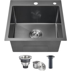 POPFLY 18 x 18 Inch Drop In Bar Prep Sink, 304 Stainless Steel Top mount Handmade Single Bowl Sink 9 Inche Deep Small Kitchen Sink with 2 Hole, Black