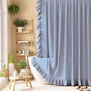 Bathway Ruffle Shower Curtain with Three-Side Ruffle, Navy Blue White Striped Farmhouse Boho Curtains, Soft Flowy Layered Fabric, Elegant Rustic Style, Water Repellent, 12 Metal Hooks, 72" W x 72" L
