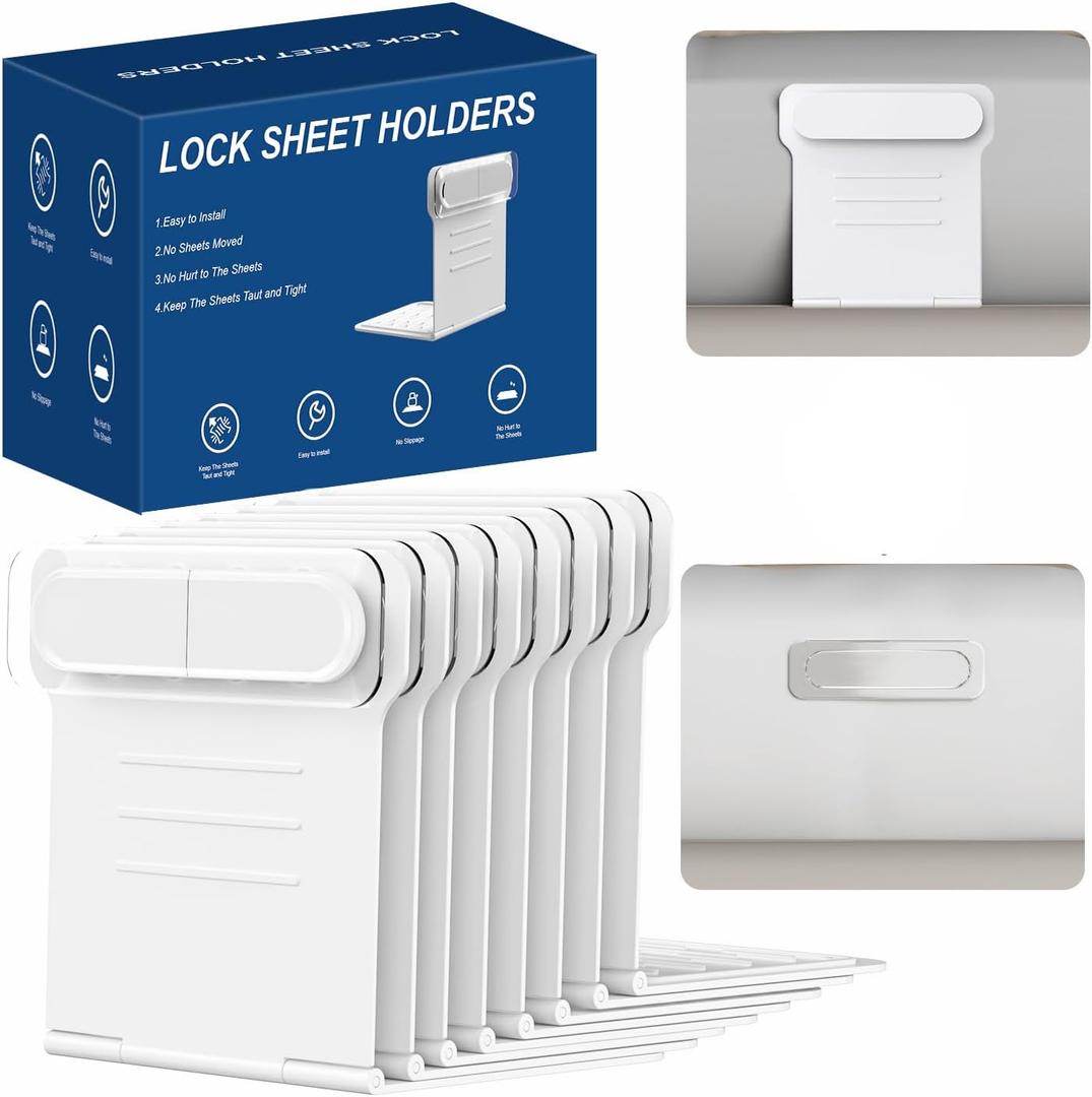 2025 Upgraded Bed Sheet Holders, 8 Pcs Lock Sheet Holders with Lock Strips,No-Slip Design to Keep Sheets Firm&Tight in Place,Suitable for Four Sided Fixation of Various Bed Sheets