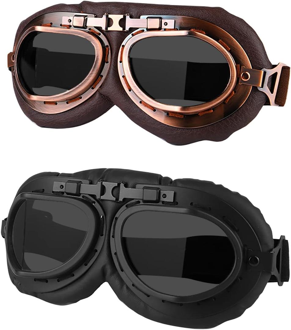 Motorcycle Goggles, 2 Pack Vintage Pilot Style Riding Goggle Burning Man Goggles for Men Women Youth Adult (Black + Brown / Gray Lens)