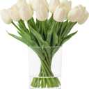 WELL KNOWN 20 Pcs White Tulips Artificial Flowers in Vase, Fake Flowers in Glass Vase, Real Touch Fake Tulips Artificial Flowers in vase with Faux Water for Home Decoration, Dining Table
