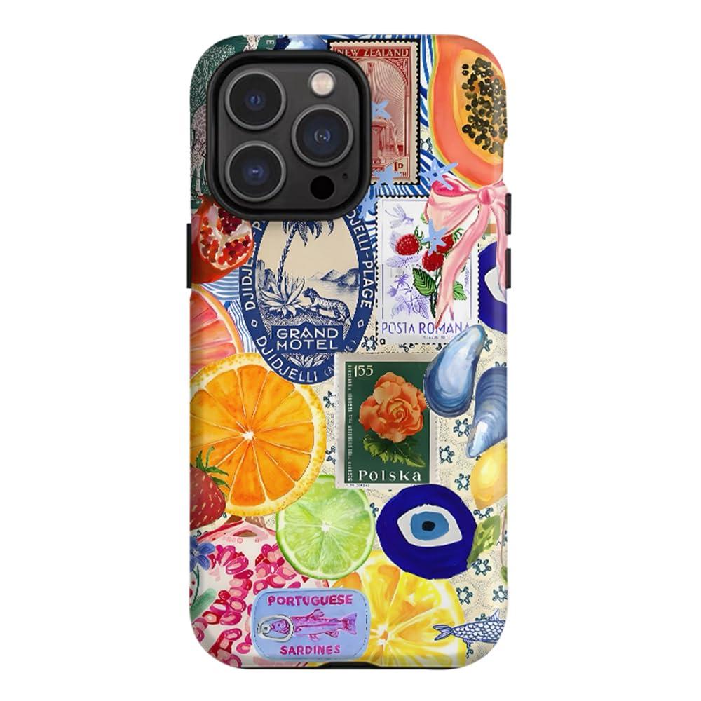 SobLn for iPhone 16 Case, Summer Beach Ocean Vintage Fruit Collage Design Cover, Cute Seashell Aesthetic Hybrid 2-Layer Hard Shell Shockproof Phone Case for Girls Women 6.1''