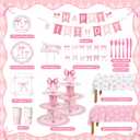 2 x 198pcs Pink Bow Birthday Party Decorations Serve 24, Include Plates Napkins Cups, Cupcake Stands, Birthday Banner, Cake Toppers, Silverware, Tablecloth Coquette Bow-themed Supplies for Girls&Women