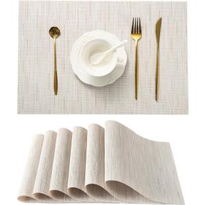 Leetaltree Pale Beige Placemats Set of 6 - Heat Resistant Non-Slip Place mats for Dining Table, Washable Durable PVC Vinyl Woven Table MatsPale Beige, 6