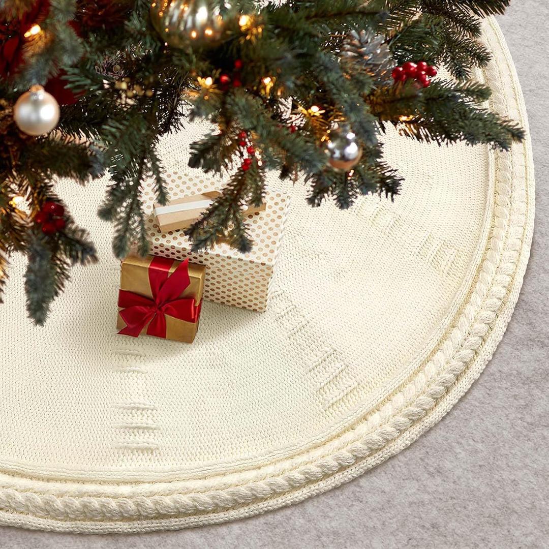 Christmas Tree Skirt 48 Inch Large - Knit Knitted Thick Rustic Tree Skirt Decor for Thanksgiving Xmas Holiday Party Winter Farmhouse New Year Decoration Indoor Outdoor(Cream) (Beige)