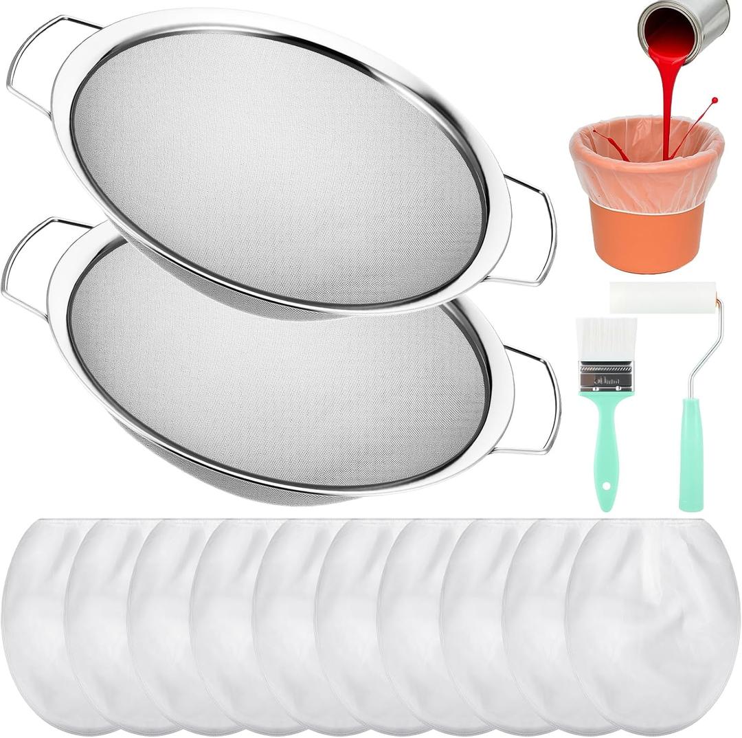 Willinglong 14 Pcs Paint Strainer Combo Set for 5 Gallon Buckets Including 60 Mesh Stainless Steel Paint Strainer Fine Mesh Bags Painting Brush Foam Roller Brush for Repairs, Coating