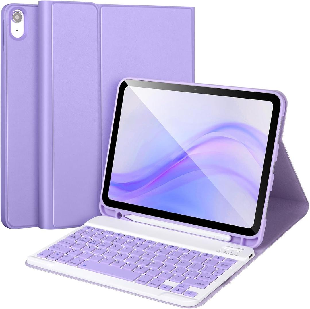 AHYWTAN for iPad 11/10th Generation Case with Keyboard,Detachable Bluetooth Keyboard case for iPad A16 2025 11 inch/10th Gen 2022 10.9 with Pencil Holder, Square Keycaps,Purple