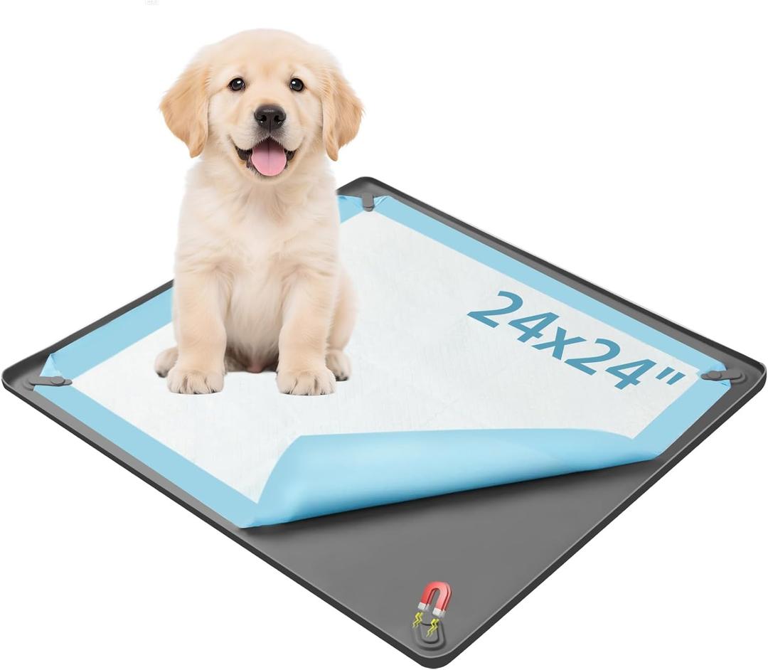 Pee Pad Holder for Dogs, 24" x 24" Non-Slip Silicone Puppy Pee Tray Mat with 4 Magnetic Clips, Reusable, No Spill Raised Lip High Edge, Leak-Proof Puppy Toilet Training Pad for Indoor Floor Protection