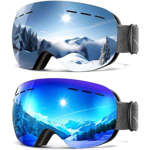 QALLY Anti Fog Ski Goggles for Men Women Snow Goggles with UV Protection Snowboard Goggles, Black Frame Silver Lens/Black Frame Ice Blue Lens